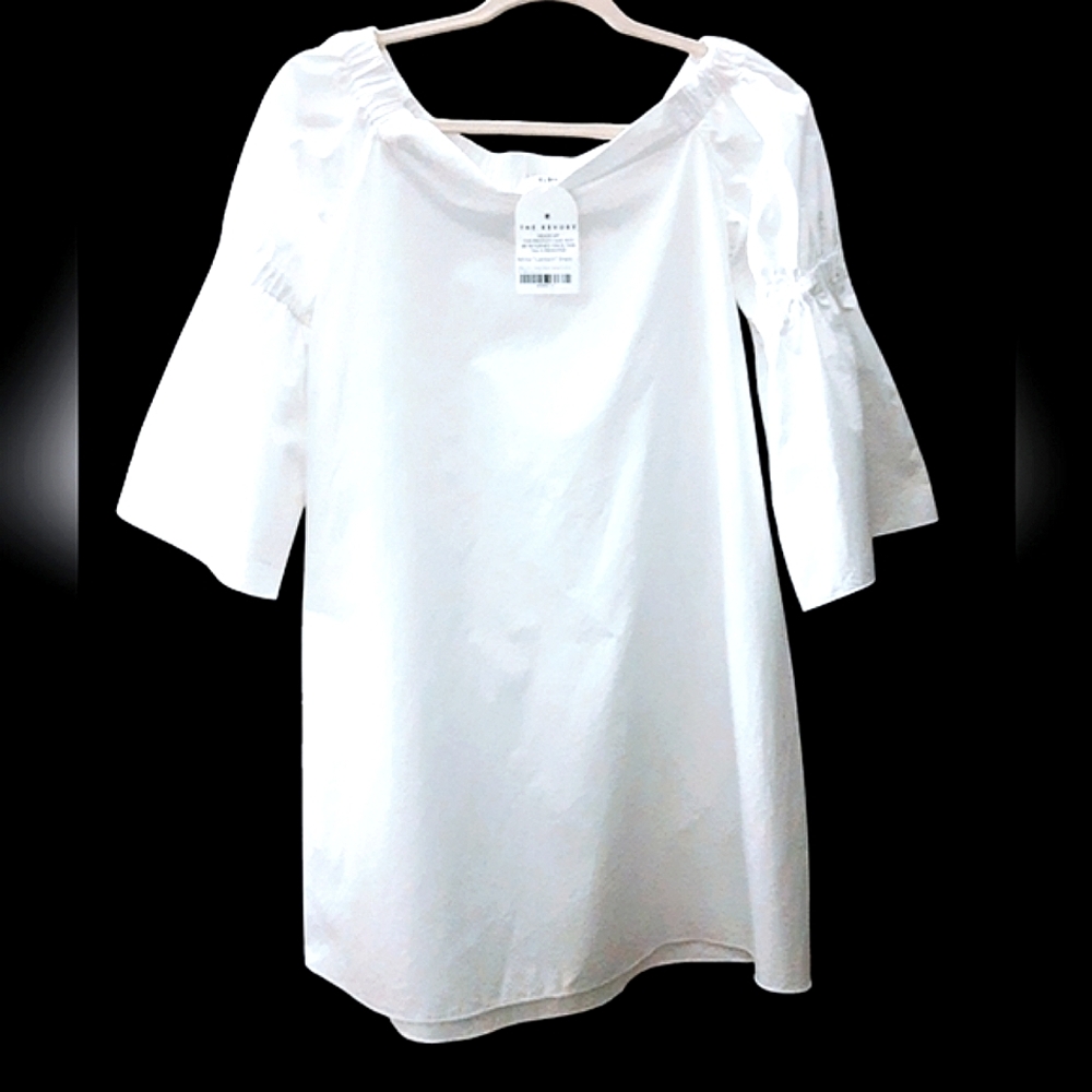 Tibi Mini Shift Dress Off-The-Shoulder Bateau Neck Bell Sleeve Sz 4 White NEW - Picture 3 of 13